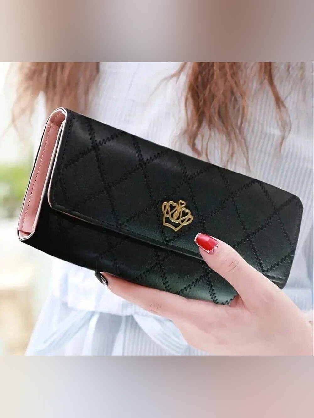 Black quilted wallet with gold crown logo #wallet #crown